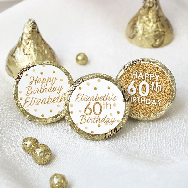 Personalized Birthday Party Stickers for Chocolate Kisses | Name and Age Favors White & Gold Decor 30th 40th 50th 60th 70th 80th 90th 100th
