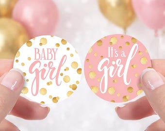 Pink and Gold Baby Girl Shower Round Favor Stickers, It's a Girl, Pretty Classic Confetti Cookie Bag Label Invitation Envelope Seals