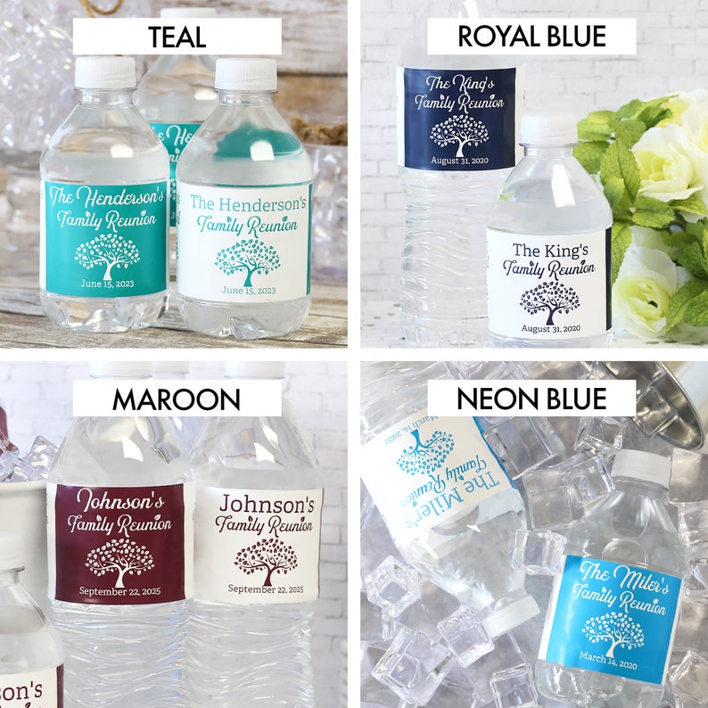 personalized family reunion water bottle favors stickers party labels table decoration centerpiece teal royal blue maroon neon blue
