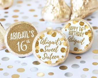 Personalized Sweet 16 Party Favor Stickers for Chocolate Kisses White and Gold | 16th Birthday Labels for Candy Envelope Seals