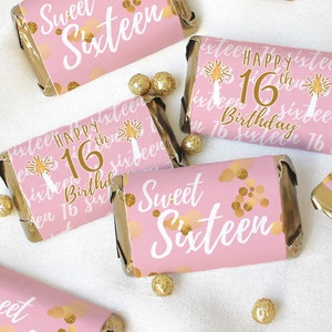 Sweet 16 Miniature Chocolate Bar Wrapper, 45ct Pink and Gold Sweet 16 Decorations 16th Birthday Gift Sweet 16 Party Favor Supplies image 1