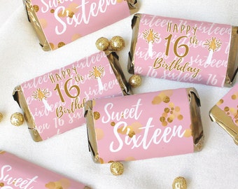 Sweet 16 Miniature Chocolate Bar Wrapper, 45ct | Pink and Gold Sweet 16 Decorations | 16th Birthday Gift | Sweet 16 Party Favor Supplies
