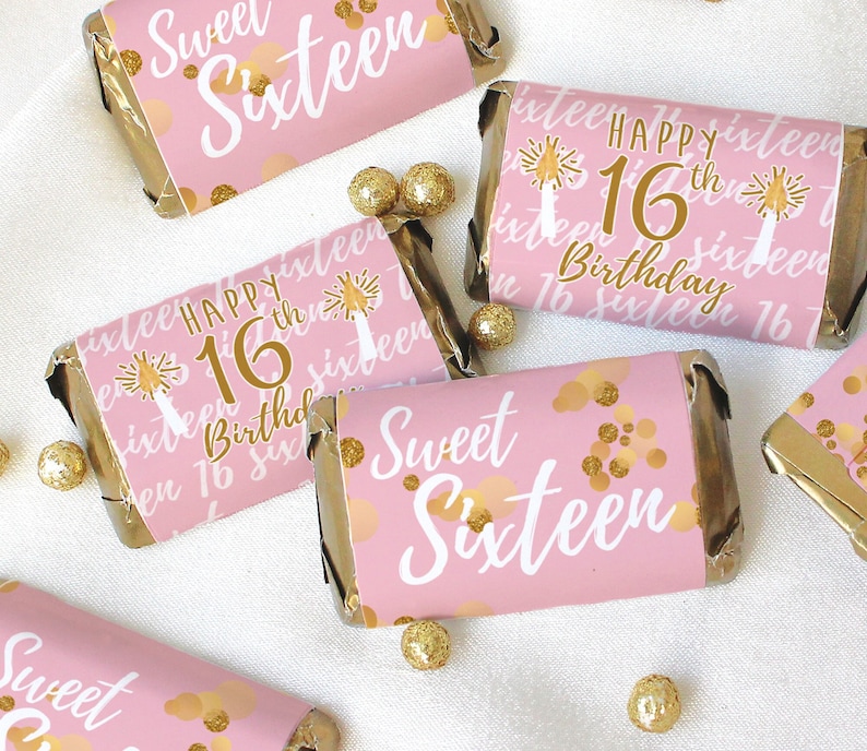 Sweet 16 Miniature Chocolate Bar Wrapper, 45ct Pink and Gold Sweet 16 Decorations 16th Birthday Gift Sweet 16 Party Favor Supplies image 1