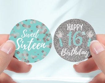 Sweet 16 Teal Blue and Silver Birthday Stickers for Large Candy | 1.75" 16th Birthday Party Bag Favor Labels, Envelope Seals | 40 Labels