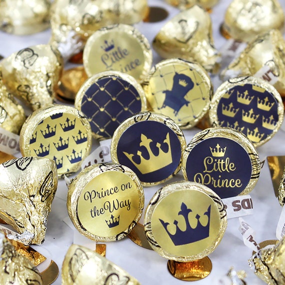 Little Prince Baby Shower Hershey Kiss Stickers, 198ct - Gold Foil and Blue Royal Boy Baby Shower Decorations - Boy Baby Shower Favors Il_570xn