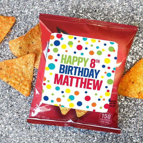 Personalized Happy Birthday Chip Bag Stickers | Age and Name, Cookie Cracker Snack Party Favor Labels Kids Rainbow Dot Multicolored