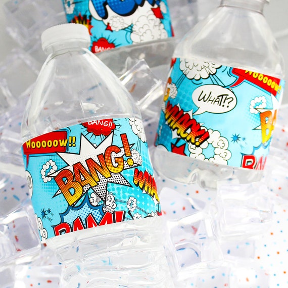 Comic Book Stickers for Superhero Party Water Bottle Labels, Colorful