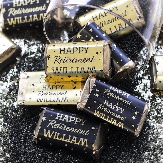 Personalized Black and Gold Foil Retirement Mini Candy Bar Labels Party Favor Wrappers for