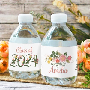 Personalized Floral Graduation Water Bottle Label Stickers with Name, Class of 2024 Grad Party Decorations, Custom Waterproof Wrappers