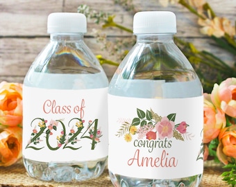 Personalized Floral Graduation Water Bottle Label Stickers with Name, Class of 2024 Grad Party Decorations, Custom Waterproof Wrappers