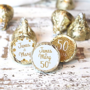 Personalized Anniversary Stickers, Golden Wedding Anniversary Favors, Gold 50th Chocolate Labels, Gold Party Favors, Table Decoration