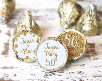 Personalized Anniversary Stickers, Golden Wedding Anniversary Favors, Gold 50th Chocolate Labels, Gold Party Favors, Table Decoration