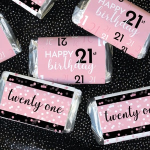 21st Birthday Party Favor Stickers - Pink and Black Mini Candy Bar Wrapper Labels 42ct - Adult Birthday Decorations and Supplies for Her