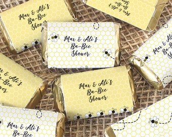 Personalized Yellow Bumble Bee Mini Candy Bar Wrappers, Customize for Honey Bee Themed BaBee Shower, Birthday, Gender Reveal | Stickers 45ct