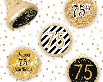 75th Birthday Party Decorations - Black and Gold Birthday Party Favors - Happy 75th Birthday Stickers for Hershey Kisses - 324ct Stickers