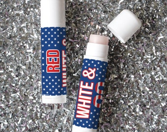 80th Red White and Blue Birthday - Lip Balm Wrapper Sticker Party Favors - Patriotic American Flag Military Labels for Him - 36 Stickers