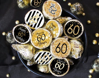 60th Birthday Decorations - Black and Gold 60th Birthday Party Favors for Him or Her - Label Stickers for Chocolate Kisses - 180 Stickers