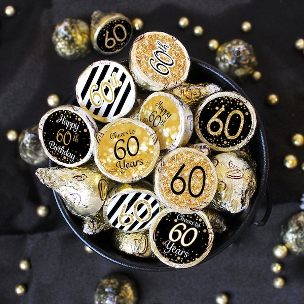 60th Birthday Decorations - Black and Gold 60th Birthday Party Favors for Him or Her - Label Stickers for Chocolate Kisses - 180 Stickers