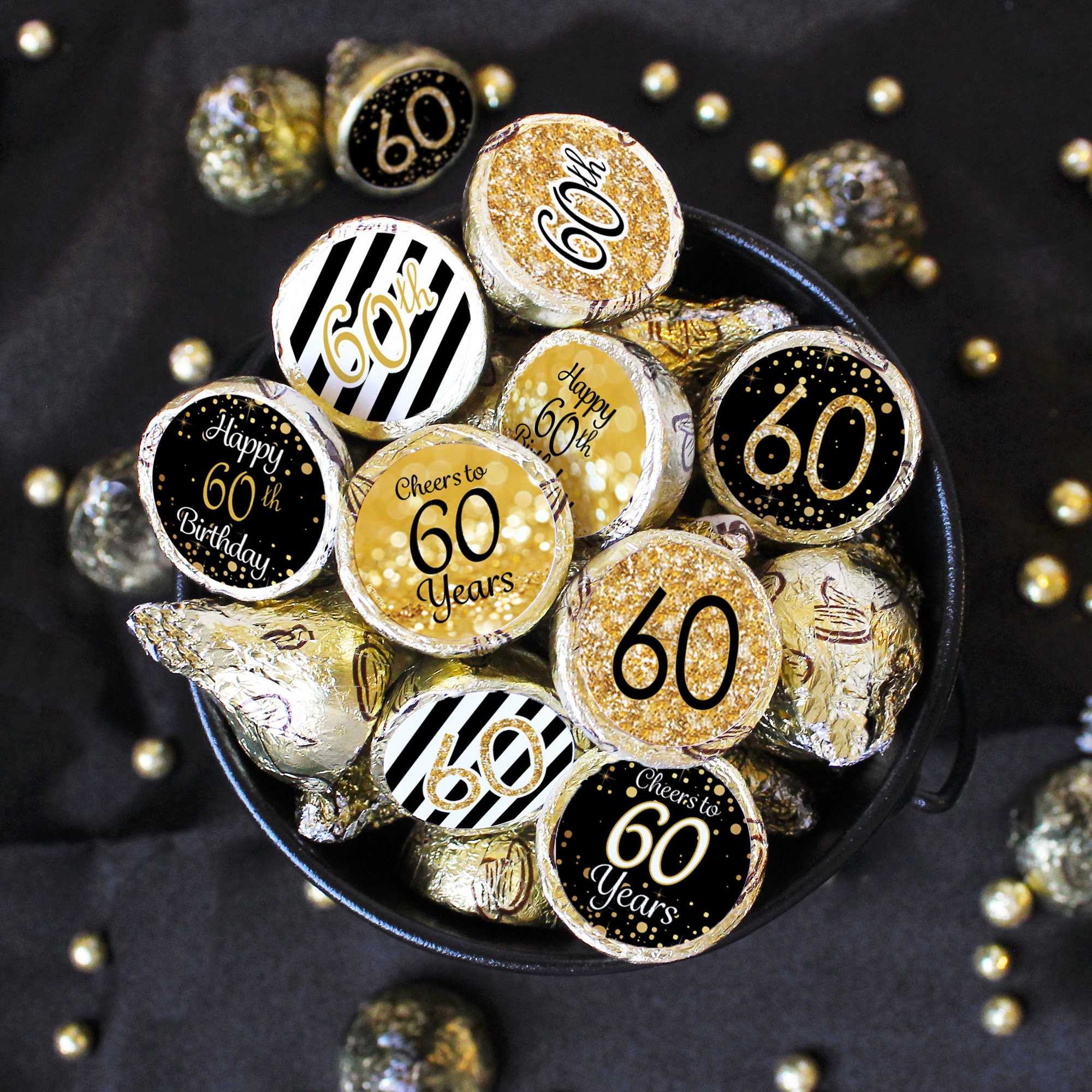 60th Birthday Stickers for Chocolate Kisses Drops, Black and Gold