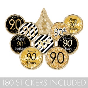 90th birthday party chocolate kisses chewy caramels sticker labels black and gold theme design favors for him or her as custom table decoration centerpiece 180 stickers included