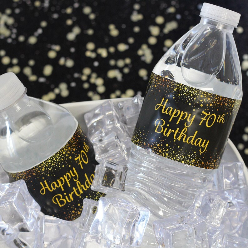 24ct Waterproof Stickers Water Bottle Labels Black and Gold Birthday Party Favors 70th Birthday Decorations