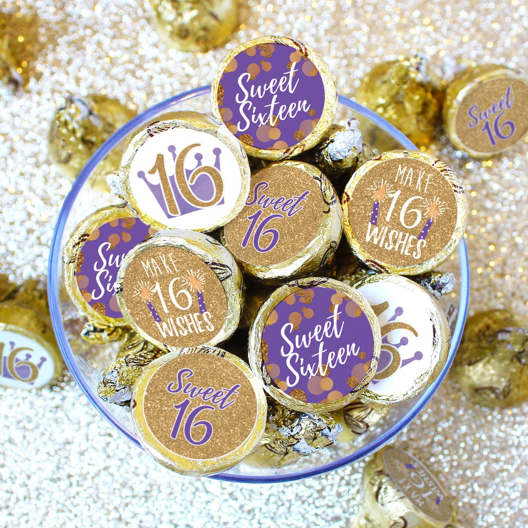 Sweet 16 Purple and Gold Birthday Party Favor for Chocolate Kisses ...