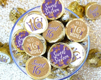 Sweet 16 Purple and Gold Birthday Party Favor for Chocolate Kisses, Purple and Gold 16th Labels  - 180 Stickers