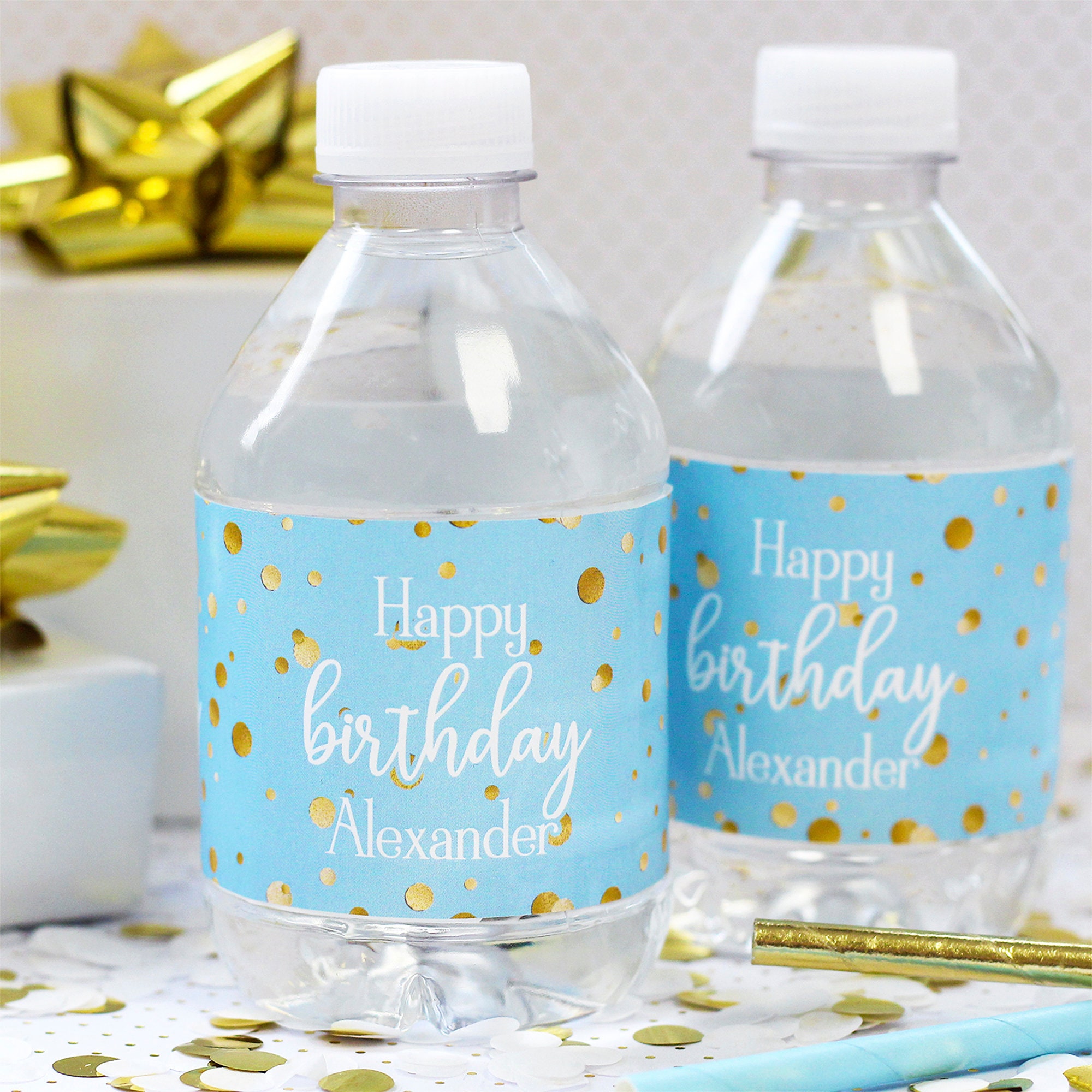 Etiquettes de petite bouteille personnalisées anniversaire blanc or