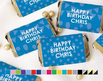 Personalized Happy Birthday Candy Wrappers for Miniatures, Custom Black Themed Birthday Party Favor Labels, 45 Stickers - 18 Colors