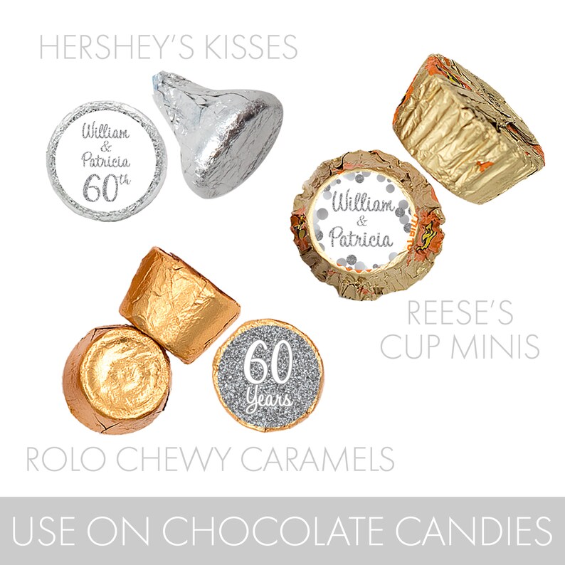 personalized 25th silver 60th 70th diamond wedding anniversary custom party favors labels sticker party for rolo chewy caramels reeses cup minis hersheys kisses