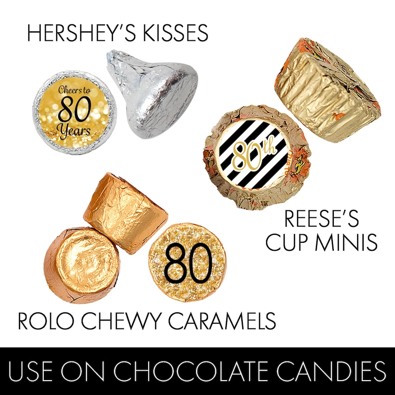 Puede incluir: Pegatinas doradas y negras para la fiesta de cumplea&ntilde;os n&uacute;mero 80 para Hershey's Kisses, Reese's Cup Minis y Rolo Chewy Caramels. Las pegatinas presentan el texto "Cheers to 80 Years", "80th" y "80" con detalles de brillo.