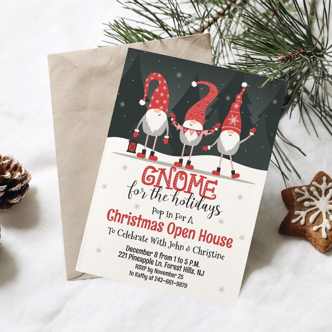 Gnome Christmas Party Invitation, Digital Invite Custom Holiday Open