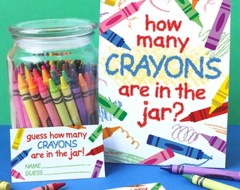 Back to School Guess How Many Crayons in the Jar Party Game, School Theme Guessing Game Sign with Cards, Open House - Meet the Teacher