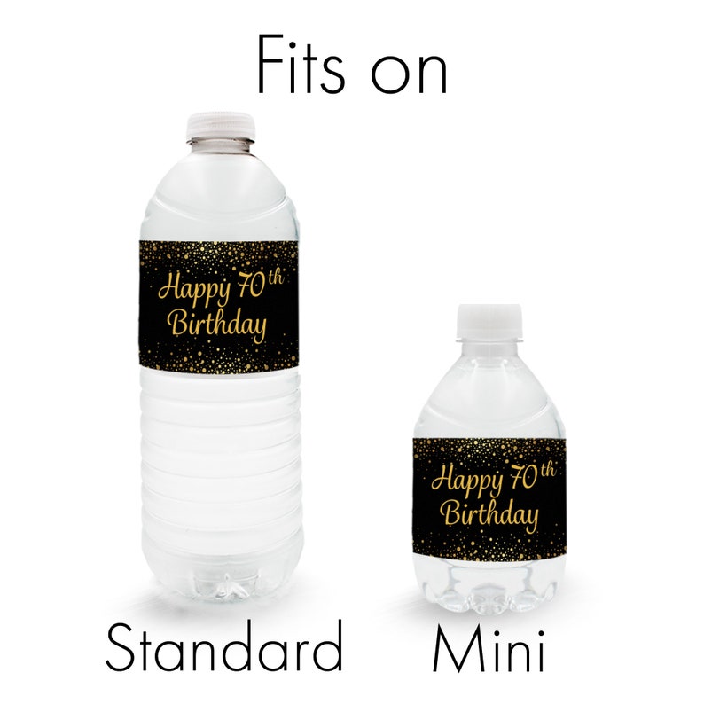 24ct Waterproof Stickers Water Bottle Labels Black and Gold Birthday Party Favors 70th Birthday Decorations