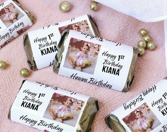 Personalized Happy Birthday Photo Mini Candy Bar Wrappers | Picture Name Age Party Favors | 1st 2nd 13th 16th 21st 30th 40th 50th 60th 70th