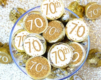70th Birthday Decorations - White and Gold Happy 70th Birthday Party Favors for Him Her - Label Stickers for Chocolate Kisses Candy - 180ct