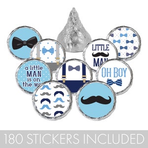 little man boy blue baby shower party chocolate kisses round sticker labels