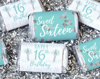 Sweet 16 Teal Blue and Silver Miniature Chocolate Bar Wrappers, 45ct 16th Birthday Gift | Sweet 16 Favors - Party Stickers