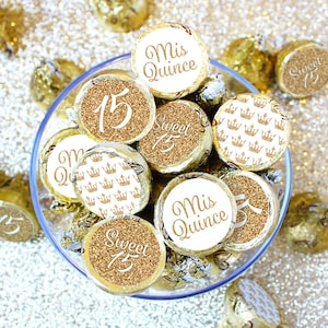 Quinceañera Stickers White and Gold for Chocolate Kisses, 180 Ct - Quinceanera Favors - Mis Quince Decorations - 15th Birthday Party Girl