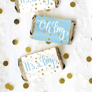 Boy Baby Shower Candy Wrapper for Miniature Chocolates, 45 Stickers - Blue and Gold Baby Shower Decorations - It’s a Boy Baby Shower Favors