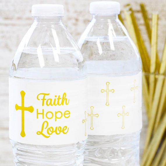 Baptism Water Bottle Labels, Gold Cross Faith Hope Love Religious Party