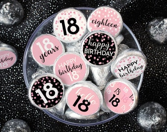 18th Birthday Party Favor Stickers - Pink and Black Chocolate Kiss Sticker Labels 180ct - Adult Birthday Decorations and Supplies for Women