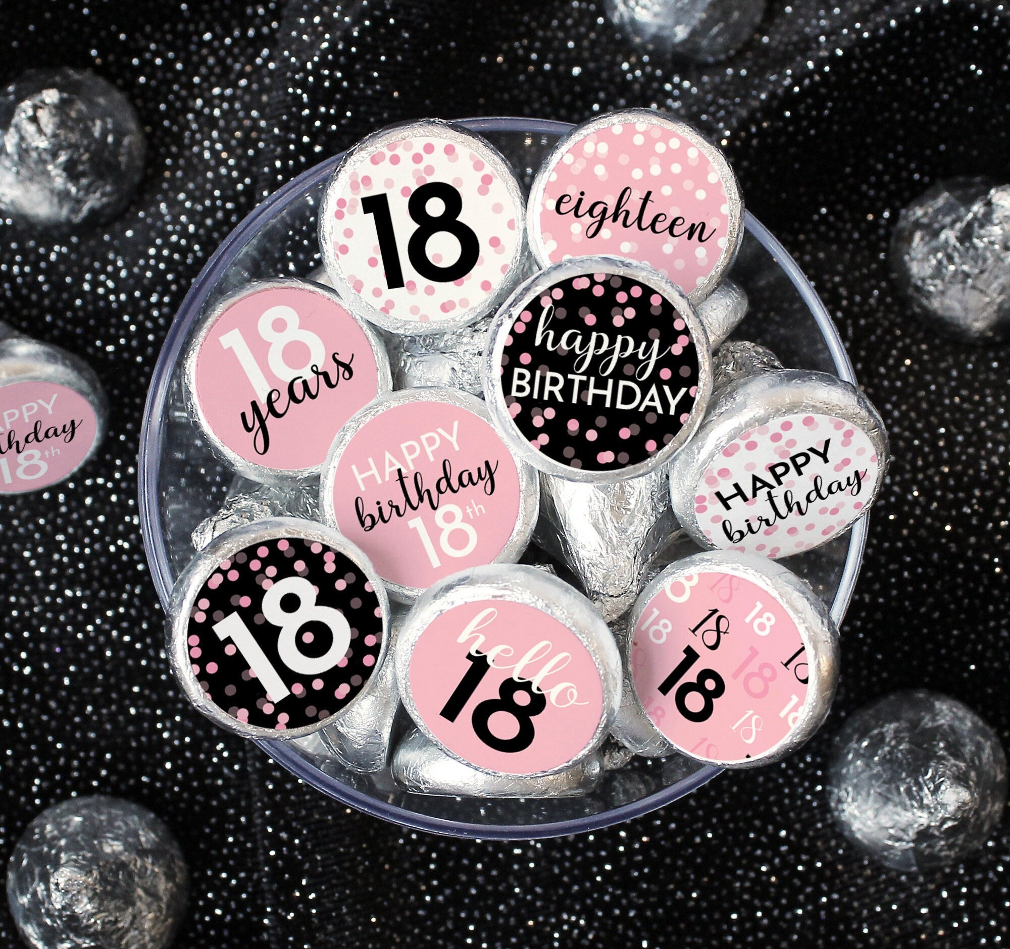 18th Birthday Party Favor Stickers - Pink and Black Chocolate Kiss ...