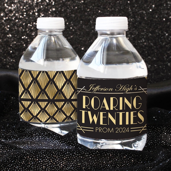 Personalized Roaring 20s Prom Water Bottle Sticker Favor - Waterproof Label -  Table Decor Gatsby Art Deco Flapper Black and Gold Foil