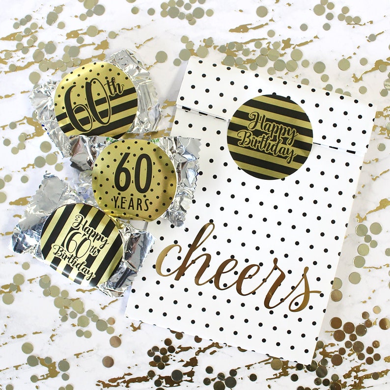 40 Count Shiny Foil Birthday Decorations Black and Gold 60th Happy Birthday Party Favor Bag Labels 60th Birthday Envelope Stickers