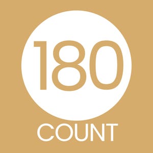 May include: A white circle with the number "180" in large, bold, white font. Below the number, the word "COUNT" is written in white, all-caps letters. The background is a solid, muted gold color.