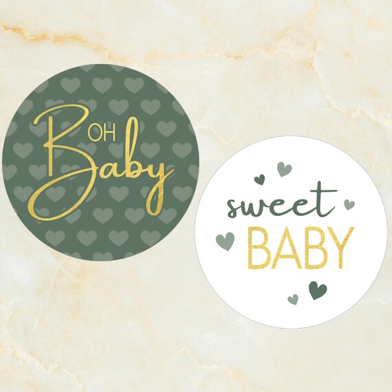 Green and Gold Baby Shower Favor Labels 40 Stickers, Unisex Sweet