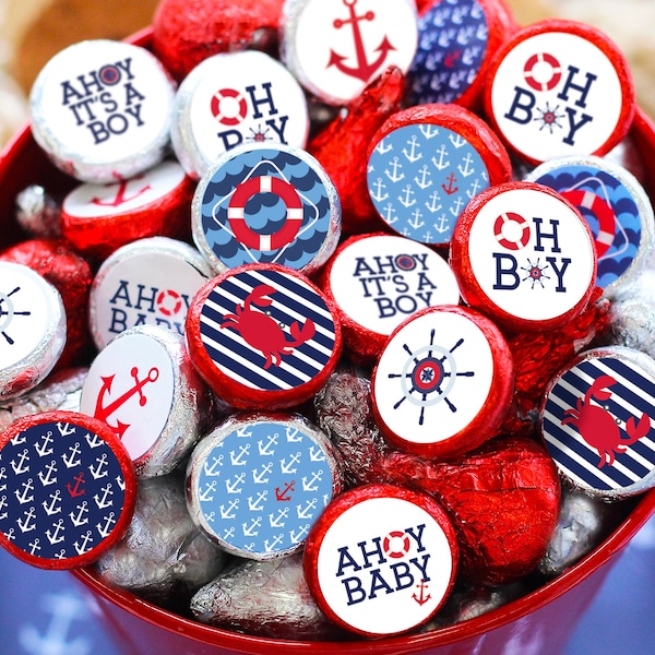 Ahoy It's a Boy Baby Shower Favors - 180 Nautical Theme Chocolate Kiss Stickers with Little Sailor Blue & Red Anchor, Boy Baby Shower Decor