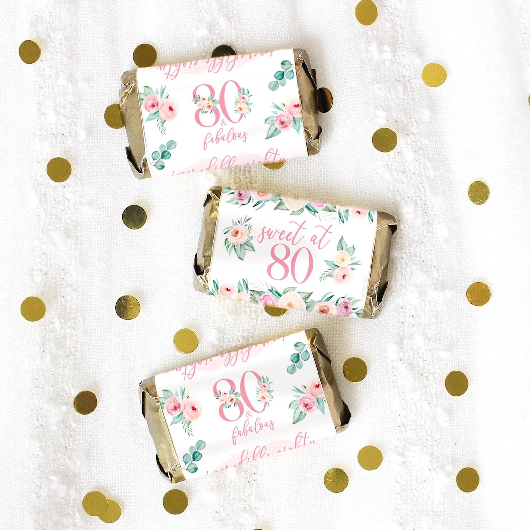 Pink Floral 80th Birthday Mini Chocolate Bar Favor Stickers, Eighty and ...