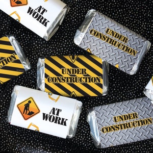 Under Construction Mini Candy Bar Wrappers – 42 Stickers for Construction Birthday Party Favors, Caution Tape, Hard Hat, Digging Theme